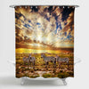 African Zebras Herd on Savanna at Sunset Shower Curtain - Gold