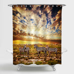 African Zebras Herd on Savanna at Sunset Shower Curtain - Gold