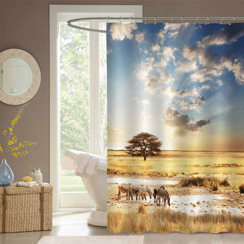 Zebra at Sunset Decorative Shower Curtain Set with Hooks, Africa Nature Landscape with Beautiful Sunset Light Bathroom Tub Decoration, Cloth, Gold Blue, 72 x 78 inches Long