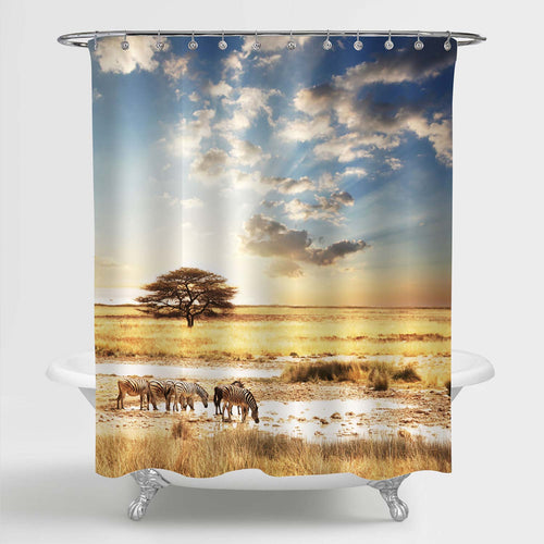 Zebra at Sunset Decorative Shower Curtain Set with Hooks, Africa Nature Landscape with Beautiful Sunset Light Bathroom Tub Decoration, Cloth, Gold Blue, 72 x 72 inches Standard