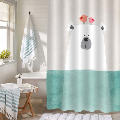 Cartoon Polar Bear with Little Birds Friends Shower Curtain - Green White