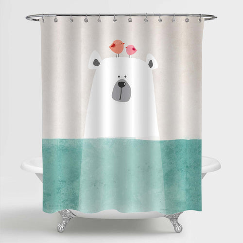 Cartoon Polar Bear with Little Birds Friends Shower Curtain - Green White