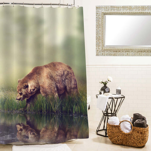 Brown Bear Near the Pond Shower Curtain - Brown Green