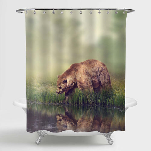 Brown Bear Near the Pond Shower Curtain - Brown Green