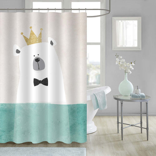 Polar Bear with Crown Shower Curtain - White Green