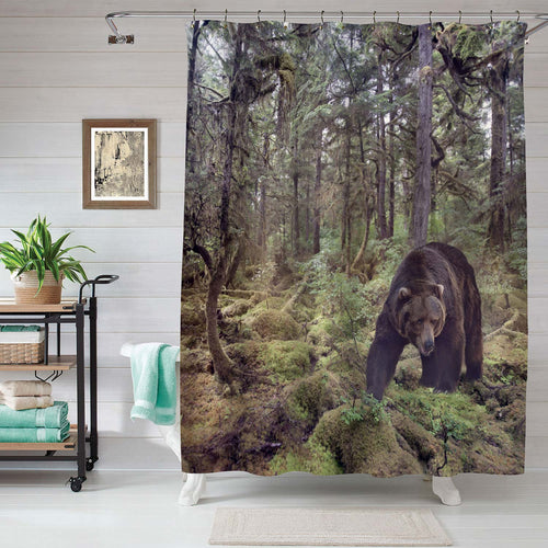 Grizzly Bear Walking in the Woods Shower Curtain - Brown Green