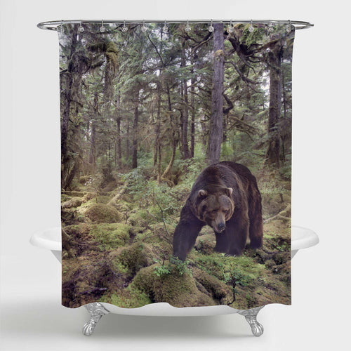 Grizzly Bear Walking in the Woods Shower Curtain - Brown Green