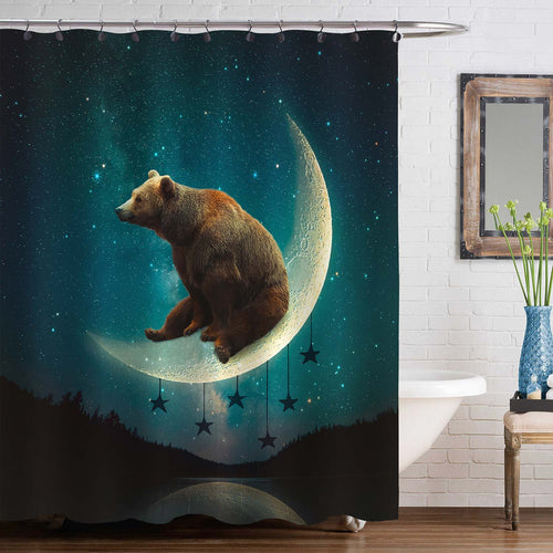 Brown Bear on the Moon Shower Curtain - Green Brown