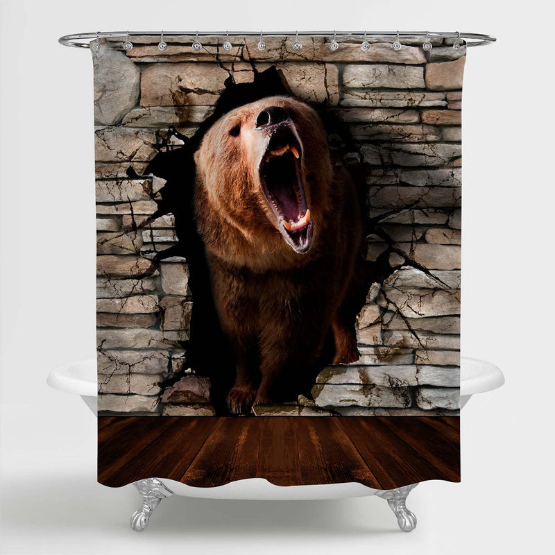 3D Bear Coming Out of the Brick Wall Shower Curtain - Brown