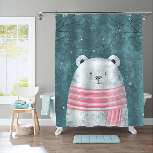 Cute Polar Bear in Pink Scarf Shower Curtain for Winter Home Decorations, Novelty for Children, Waterproof Washable Fabric Bathroom Accessories, Green, 72 x 78 inches