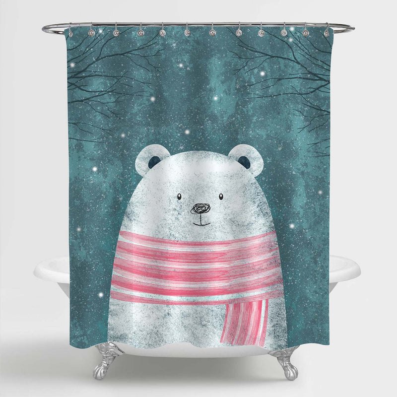 Cute Polar Bear in Pink Scarf Shower Curtain for Winter Home Decorations, Novelty for Children, Waterproof Washable Fabric Bathroom Accessories, Green, 72 x 72 inches