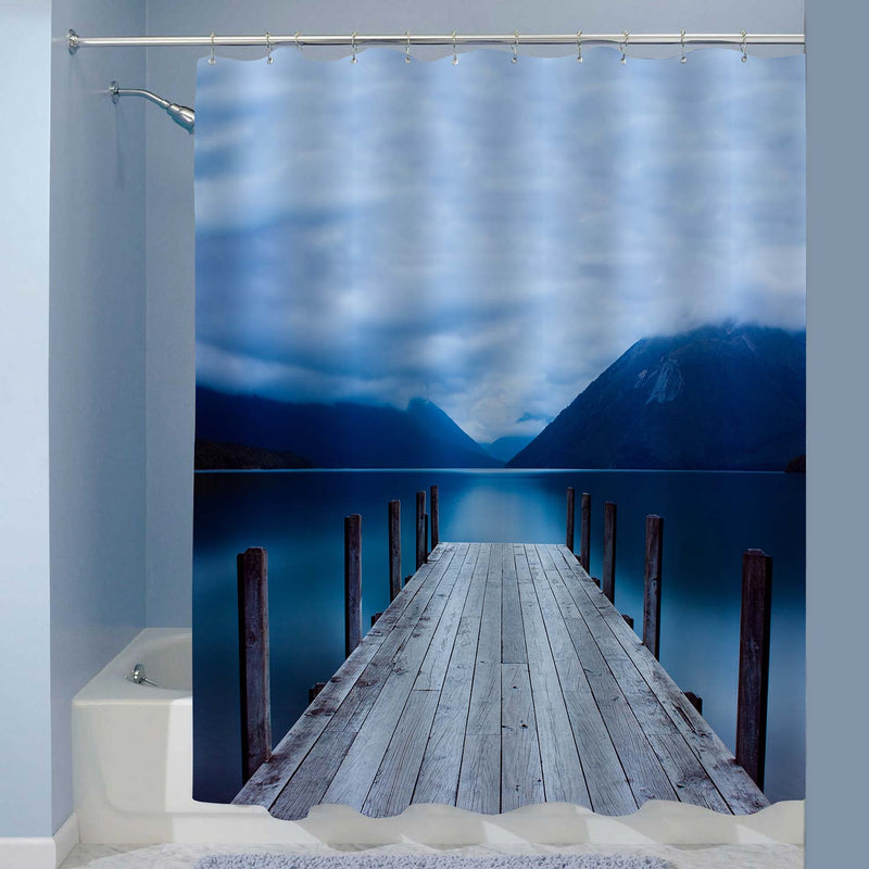 Old Jetty on a Calm Lake and Mountain Shower Curtain - Blue