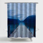 Old Jetty on a Calm Lake and Mountain Shower Curtain - Blue