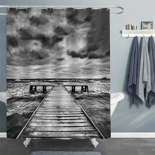 Old Wooden Fishing Pier During Storm Shower Curtain - Black White