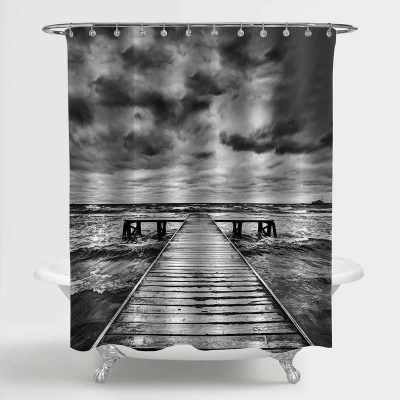 Old Wooden Fishing Pier During Storm Shower Curtain - Black White