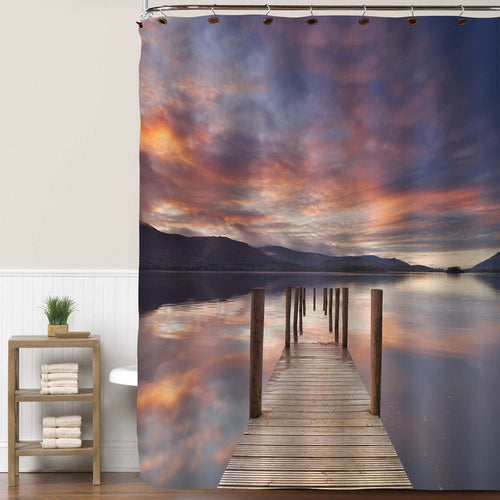 Flooded Jetty in a Quite Lake at Sunset Shower Curtain - Gold Blue