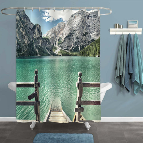 Lake with Wooden Dock in Mountains Shower Curtain - Green Grey