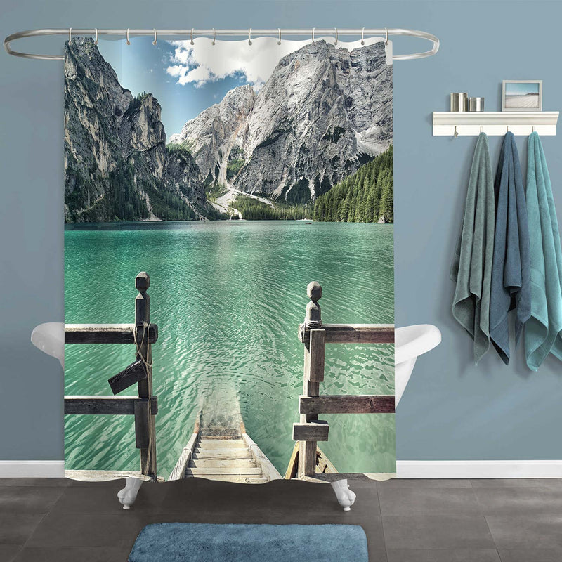 Lake with Wooden Dock in Mountains Shower Curtain - Green Grey