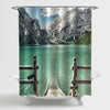 Lake with Wooden Dock in Mountains Shower Curtain - Green Grey