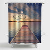 Wooden Dock Bridge with Stairway to Lake Water Shower Curtain - Gold Blue