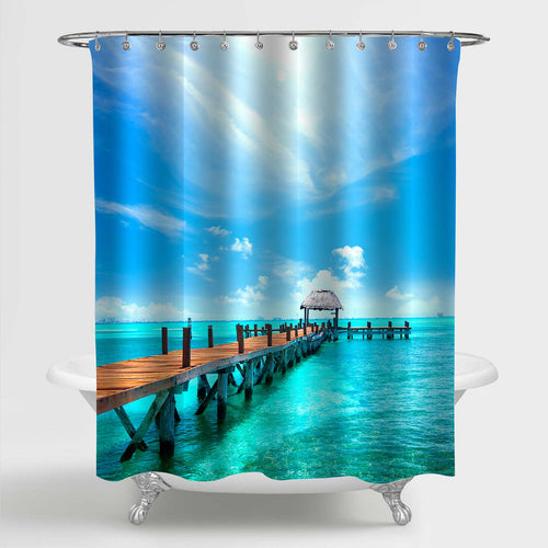 Jetty Near Exotic Beach Shower Curtain - Blue Green