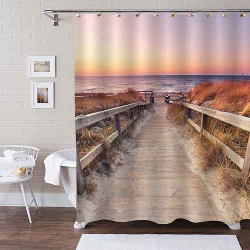 Wooden Path Over Sand Dunes with Ocean View Shower Curtain - Gold Sand