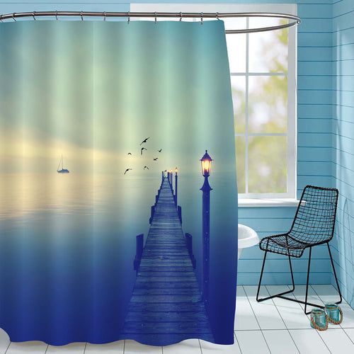 Old Wooden Jetty with Lamps in the Morning Scenery Shower Curtain - Dark Turquoise