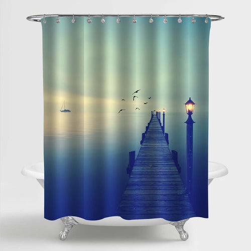 Old Wooden Jetty with Lamps in the Morning Scenery Shower Curtain - Dark Turquoise