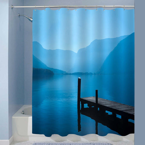 Wood Dock with Lake Scene Shower Curtain - Blue