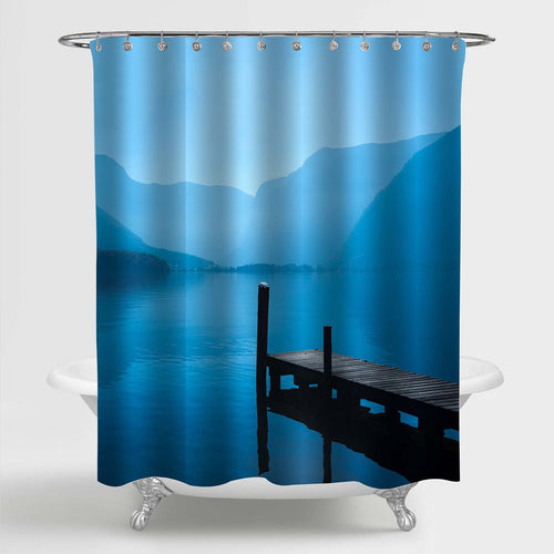 Wood Dock with Lake Scene Shower Curtain - Blue