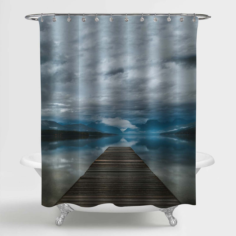 Lake Fishing Pier on Overcast Day Shower Curtain - Blue Grey