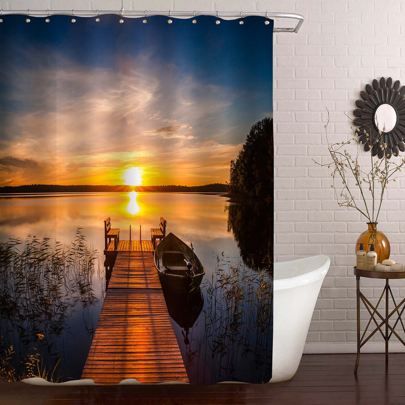 Sunset Over a Fishing Pier at the Lake Shower Curtain - Gold
