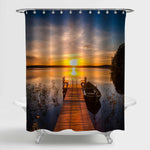 Sunset Over a Fishing Pier at the Lake Shower Curtain - Gold
