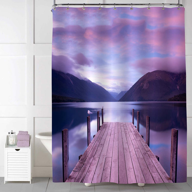 Old Wooden Pier on Lake During Sunset with Dramatic Sky Shower Curtain - Pruple