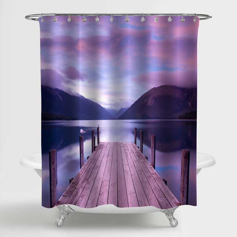 Old Wooden Pier on Lake During Sunset with Dramatic Sky Shower Curtain - Pruple