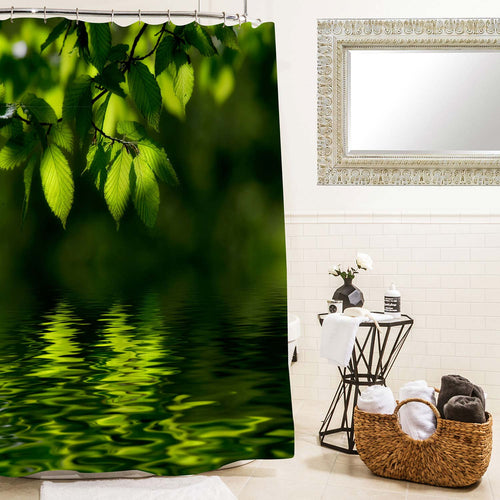 Tree Leaves with Sun Rays Reflecting in the Water Shower Curtain - Green