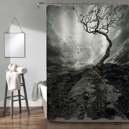 Dramatic Sky Over Old Lonely Tree Shower Curtain - Dark Grey