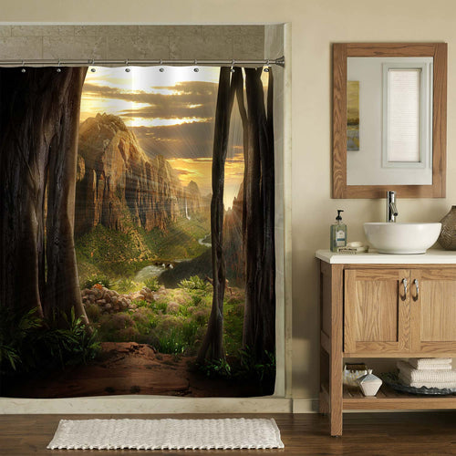 Sunbeam Coming Through a Jungle Forest Shower Curtain - Green Brown