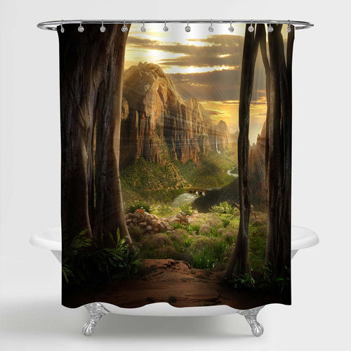 Sunbeam Coming Through a Jungle Forest Shower Curtain - Green Brown