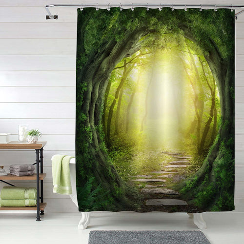 Pathway Through Enchanted Dark Magic Forest with Sunshine Shower Curtain - Green