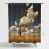 Lonely Tree and Colorful Leaves on Grassland Shower Curtain - Blue Gold