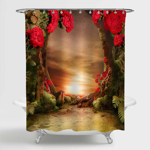 Fantasy Woods and Flowers Shower Curtain - Red Gold