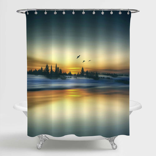Sunset Light Rays Piercing Through the Foggy Trees Shower Curtain - Multicolor