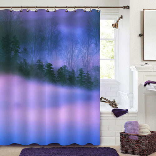 Evening Autumn Scenery with Mist Forest Shower Curtain - Purple