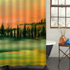 Morning Foggy Forest with Dramatic Sun Rise Sky Shower Curtain - Orange Green