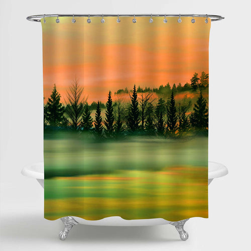 Morning Foggy Forest with Dramatic Sun Rise Sky Shower Curtain - Orange Green