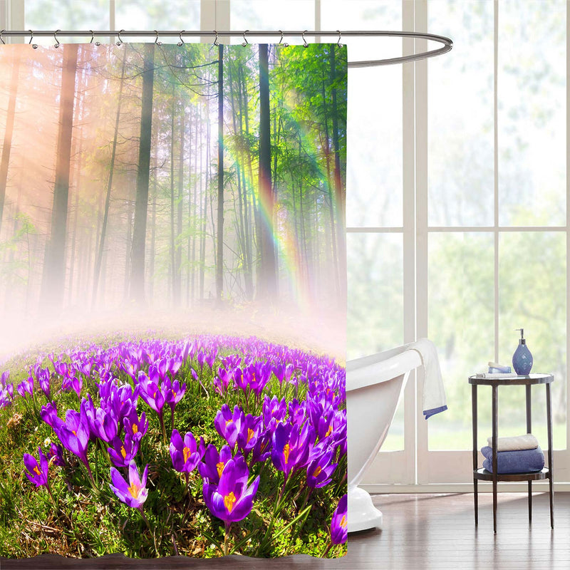 Spring Bluebells in a Forest Under Rainbow Shower Curtain - Purple Green