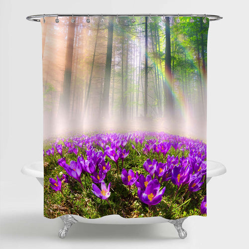 Spring Bluebells in a Forest Under Rainbow Shower Curtain - Purple Green