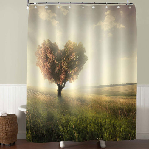 Green Grass Field with Heart Shape Tree Under Blue Sky Shower Curtain - Gold