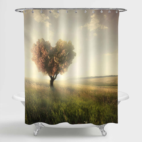 Green Grass Field with Heart Shape Tree Under Blue Sky Shower Curtain - Gold